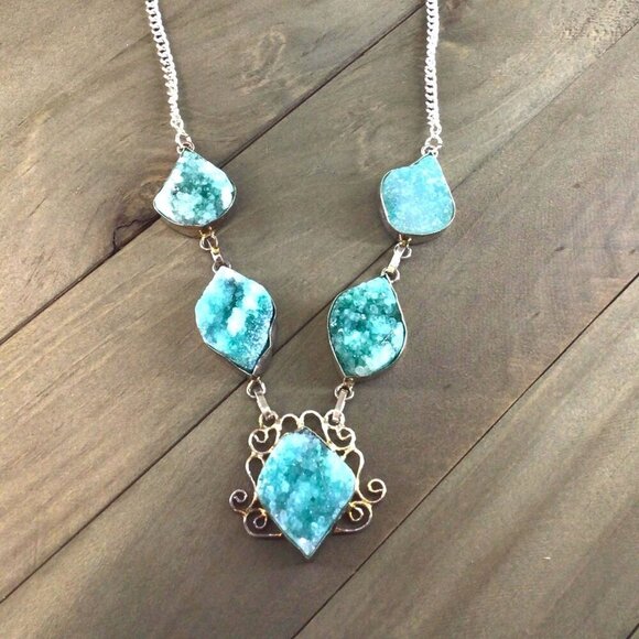 Artisan Made Blue Stone 925 Necklace With Ornate Design Raw Stone Druzzy - Picture 1 of 4